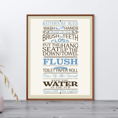 Bathroom Rules: Wash-Brush-Flush-Lights- Fun Bathroom Sign- 11 x 14" Print Wall Art-Ready to Frame. Classy Home & Bathroom D?cor- Housewarming Wall Print. Perfect For Guests & Kids Bathrooms.