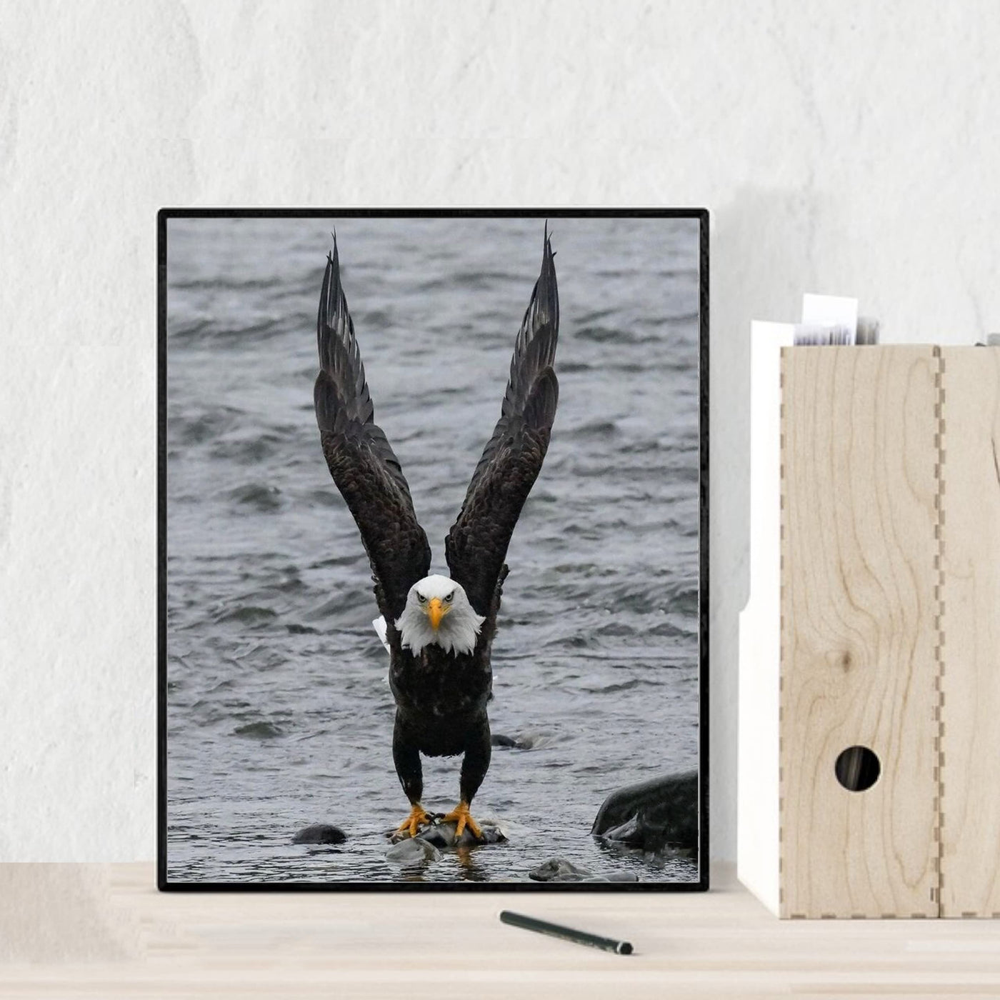 Fierce Bald Eagle at the Beach Motivational American Wall Art -8 x 10" Patriotic Eagle Photo Print-Ready to Frame. Inspirational Home-Office-School-Cave Decor. Great for Animal & Political Themes!