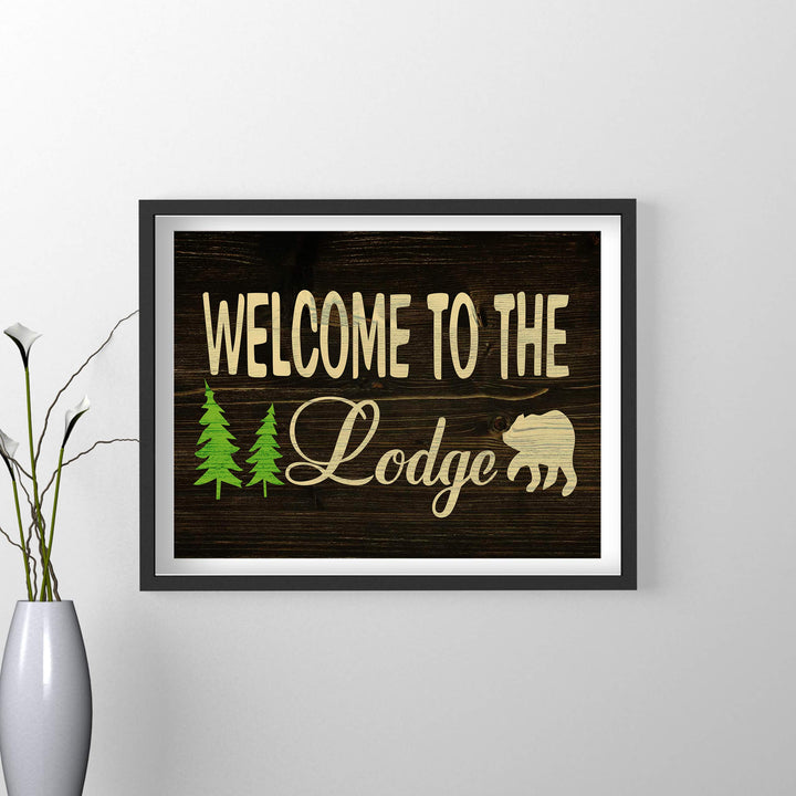 Welcome to the Lodge-Rustic Wall Decor Print- 14 x 11" Outdoors Themed Print w/Bear Silhouette-Ready to Frame. Replica Distressed Wood Design for Home-Cabin-Deck-Lodge-Lake. Printed on Photo Paper.
