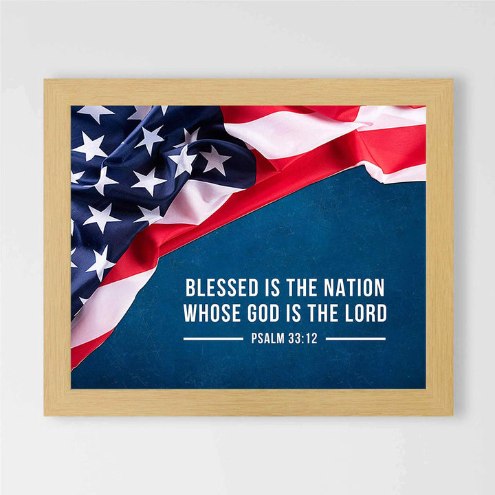 Psalm 33:12-"Blessed Is the Nation Whose God Is the Lord"-Bible Verse Wall Art -10 x 8" American Flag Scripture Print-Ready to Frame. Inspirational Home-Office-Church-Christian-Patriotic Decor.