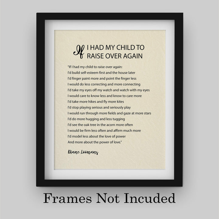 ?If I Had My Child To Raise Over Again?-Diane Loomans Quotes Wall Art -8 x 10" Modern Poster Print-Ready to Frame. Inspirational Home-Office-School Decor. Positive Advice to Inspire Family Time!