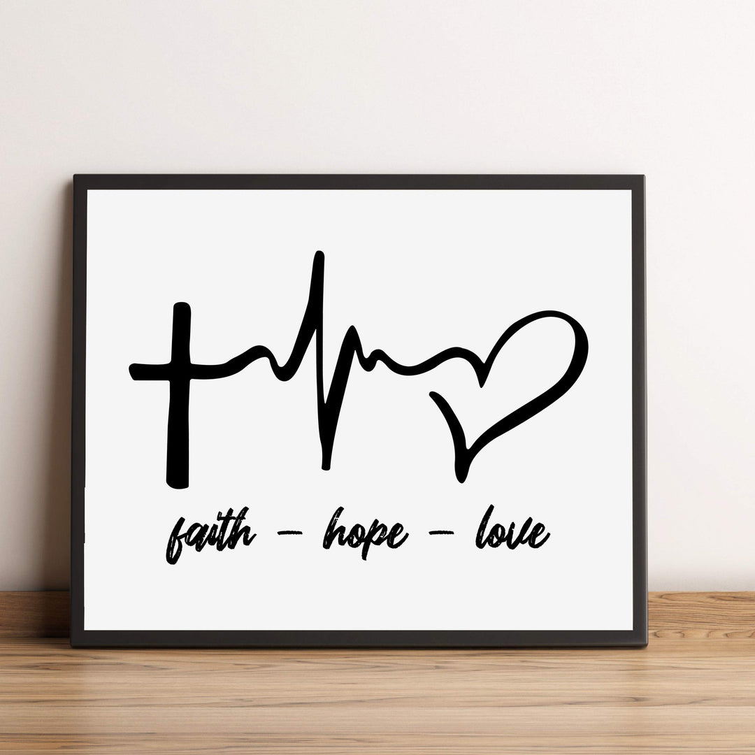 Faith-Hope-Love Spiritual Heartbeat Wall Sign -10 x 8" Christian Poster Print-Ready to Frame. Inspirational Decor for Home-Farmhouse-Office-Clinic-Dorm. Perfect Decorative Gift for Nurses!