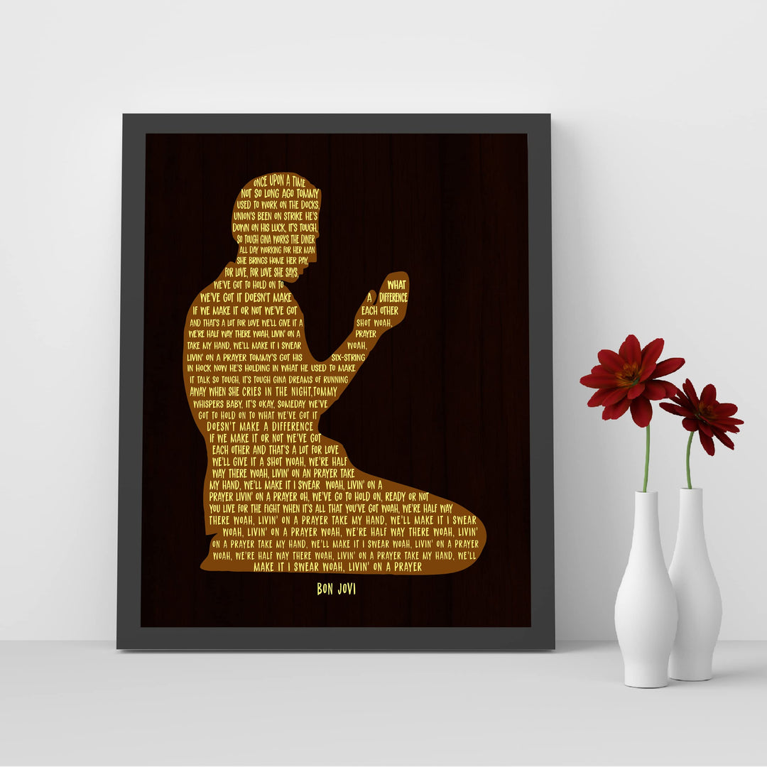 Bon Jovi-"Living on a Prayer" Song Lyrics Wall Art- 8 x 10" Silhouette Music Poster Print-Ready To Frame. Home-Office-Studio-Cave Decor. Great Anniversary Gift. Perfect for Bon Jovi &amp; All Rock Fans!