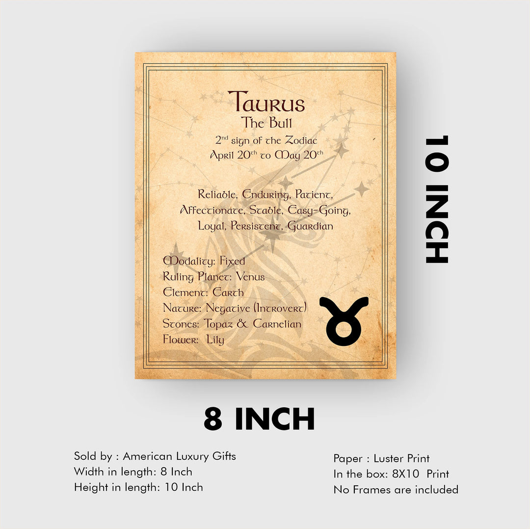 Taurus -The Bull- Zodiac Sign Wall Art. 8 x 10" Print Wall Print-Ready to Frame. Constellation Design-Astrology Decor for Home-Office-Bedroom. Horoscope&