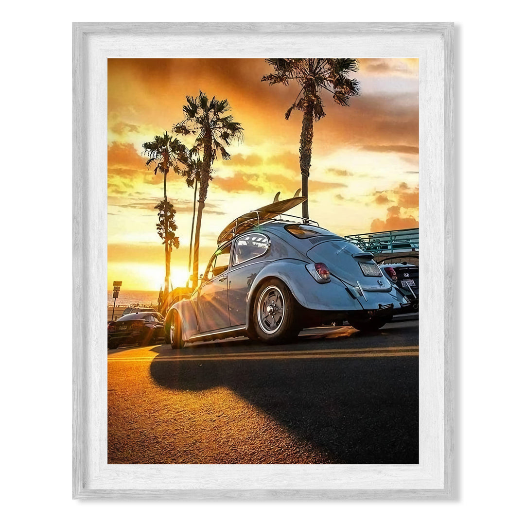 Beetle Car at the Beach Inspirational Beach Sunset Photo Decor -8 x 10" Retro Car Wall Art Print with Surfboard Image -Ready to Frame. Ocean Themed Decoration for Home-Office-Dorm-Beach House!