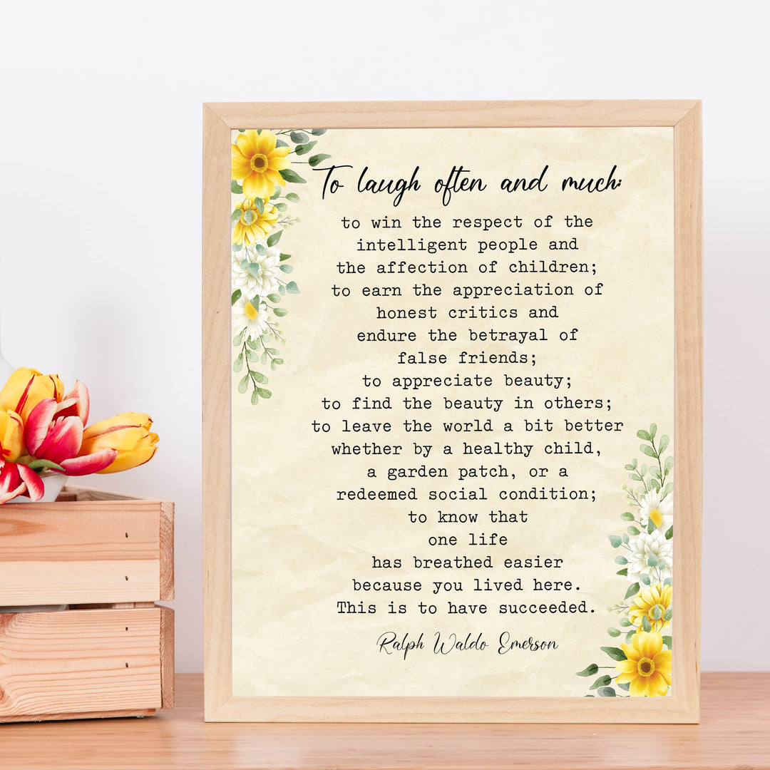 To Laugh Often and Much-Ralph Waldo Emerson Poem Print - 11 x 14" Floral Poetic Wall Art Print -Ready to Frame. Inspirational Home-Office-Study-Classroom-Library Decor. Great Gift for Poetry Fans!