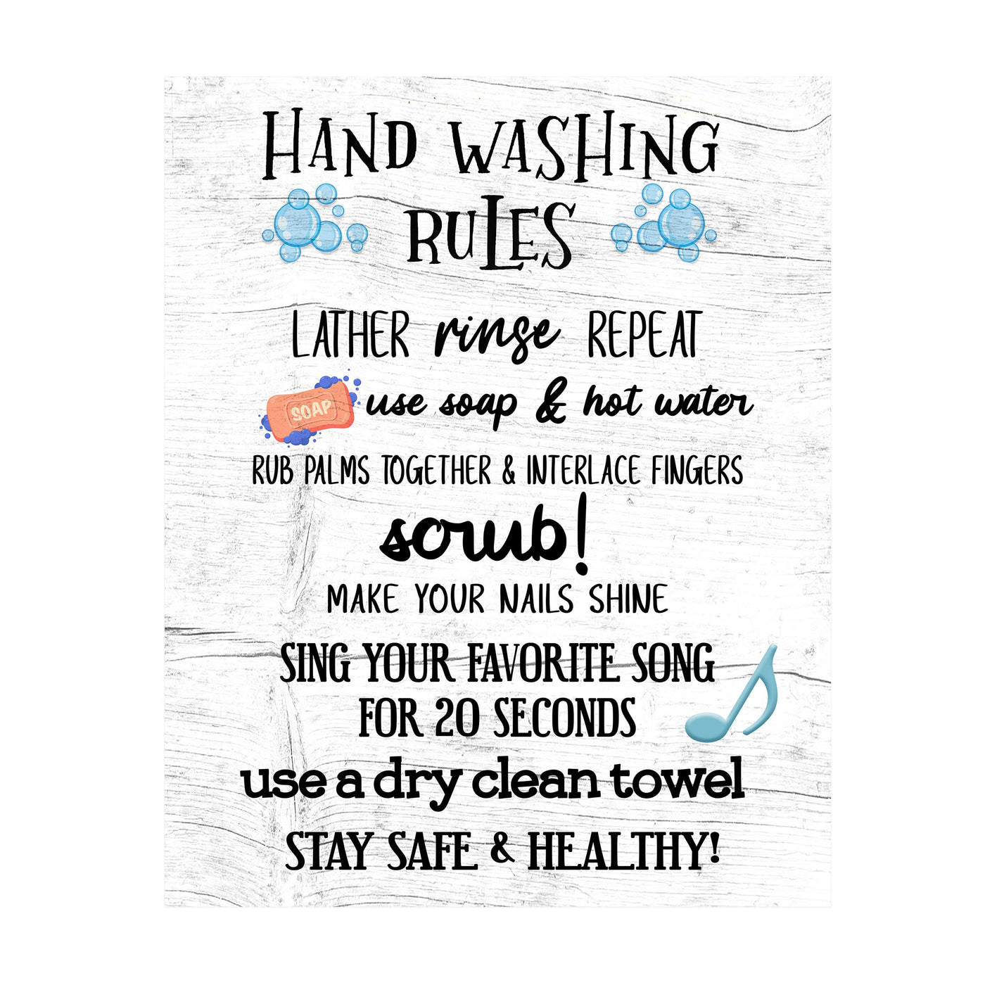Hand Washing Rules-Lather, Rinse, Repeat- Fun Bathroom Wall Sign- 11x14" Rustic Art Print -Ready to Frame. Funny Home & Bathroom Decor- Housewarming Wall Print. Perfect For Guests & Kids Bathrooms.