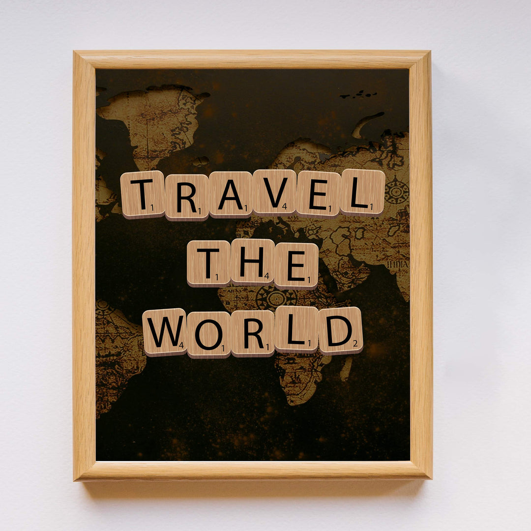 Travel the World Quotes-Map Print -11 x 14" Scrabble Piece Wall Art Print-Ready to Frame. Inspirational Home-Office-School-Library Decor. Funny Gift for Travelers &amp; Companions. Road Trip!