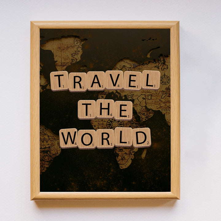 Travel the World Quotes-Map Print -11 x 14" Scrabble Piece Wall Art Print-Ready to Frame. Inspirational Home-Office-School-Library Decor. Funny Gift for Travelers &amp; Companions. Road Trip!