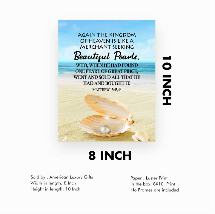 Kingdom of Heaven-Like Seeking Beautiful Pearls-Bible Verse Wall Art-8 x 10"-Christian Beach Print w/Clam Shell Image-Ready to Frame. Scripture Print for Home-Office-Church Decor! Matthew 13:45-46.