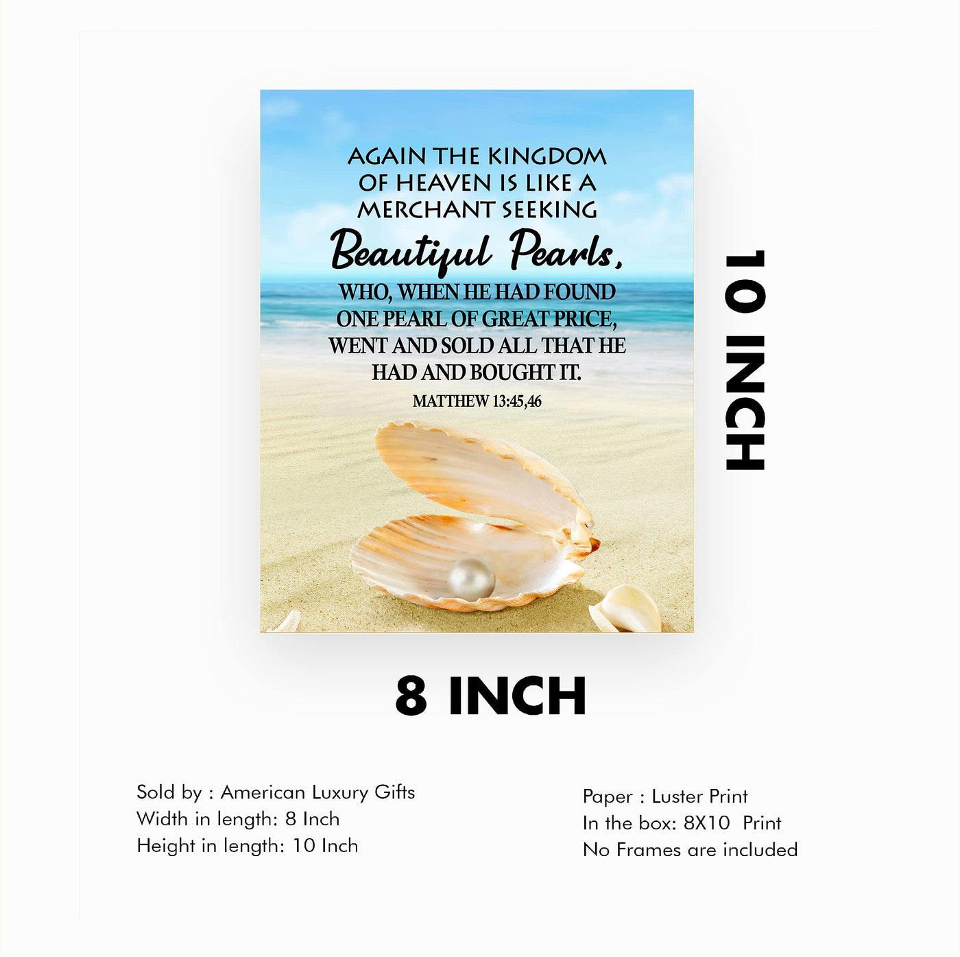 Kingdom of Heaven-Like Seeking Beautiful Pearls-Bible Verse Wall Art-8 x 10"-Christian Beach Print w/Clam Shell Image-Ready to Frame. Scripture Print for Home-Office-Church Decor! Matthew 13:45-46.