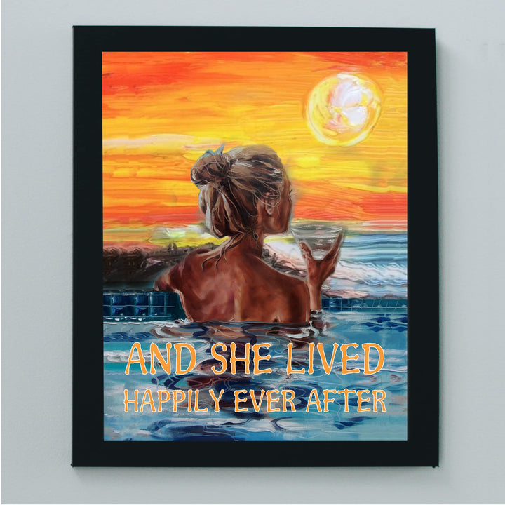 And She Lived Happily Ever After Inspirational Wall Art -8 x 10" Beautiful Tropical Sunset Painting Print -Ready to Frame. Perfect Home-Bathroom-Office-Studio-Spa Decor. Great Gift for All Women!