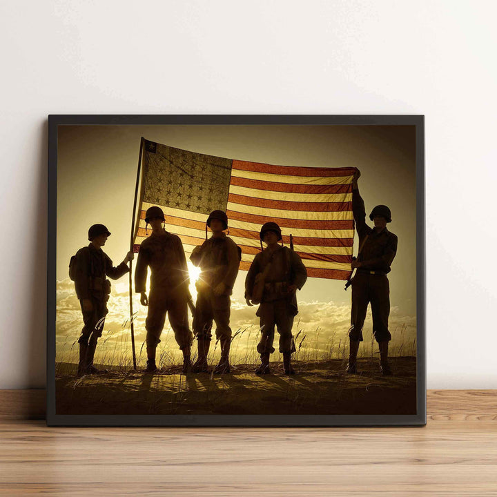 Soldiers Holding Up American Flag Patriotic Wall Art Sign -10 x 8" US Military Poster Print-Ready to Frame. Perfect Home-Office-Man Cave-Shop-Garage Decor. Great Gift for All Soldiers-Veterans!