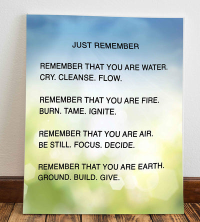 Remember That You Are Water-Fire-Air-Earth Inspirational Quotes Wall Art -8x10" Modern Spiritual Poster Print-Ready to Frame. Positive Home-Office-Desk-School Decor. Great Reminders for Motivation!