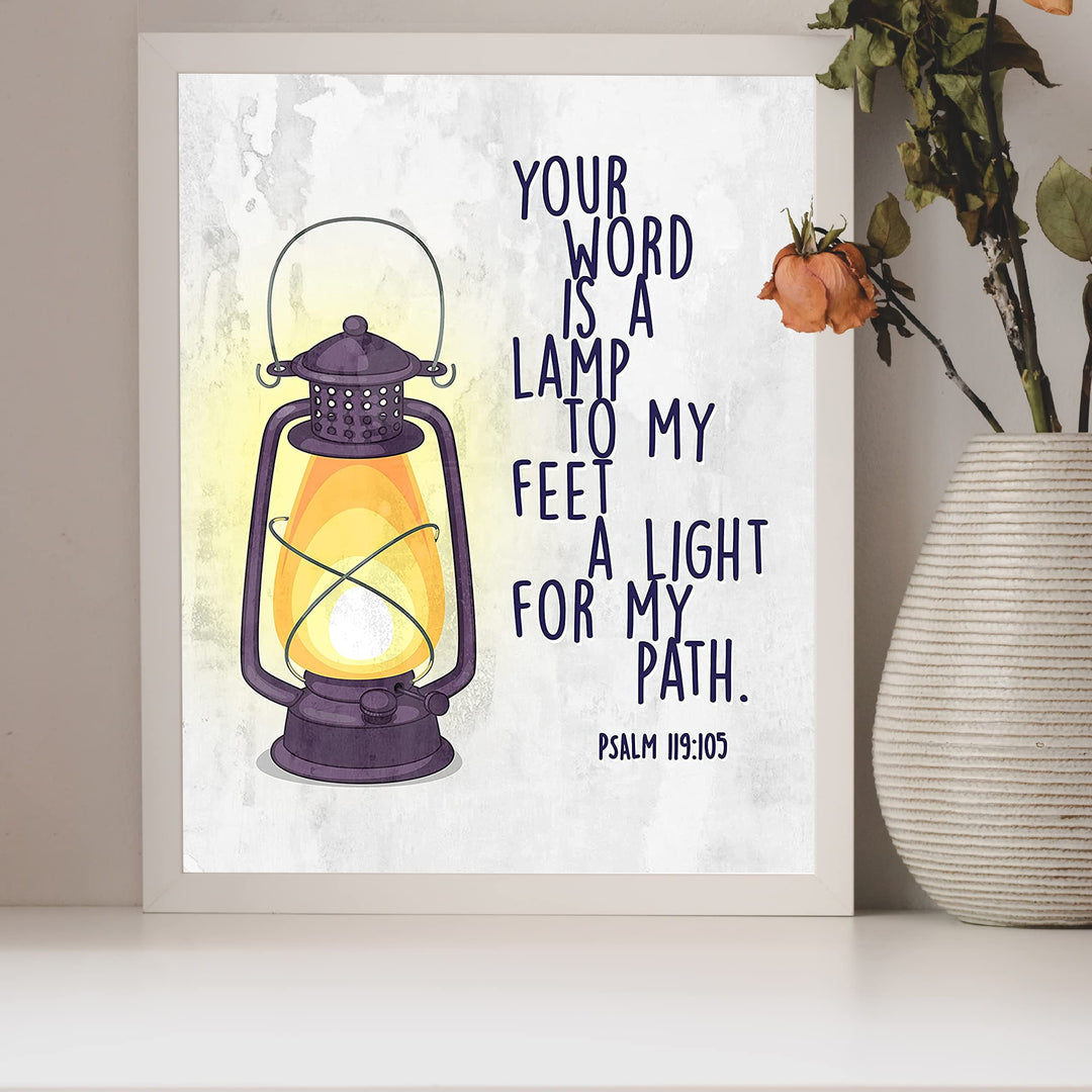 Your Word Is a Light for My Path- Psalm 119:105 -Bible Verse Wall Art -8 x 10" Christian Scripture Wall Print w/Lamp Image-Ready to Frame. Home-Office-Church-School Decor. Great Religious Gift!