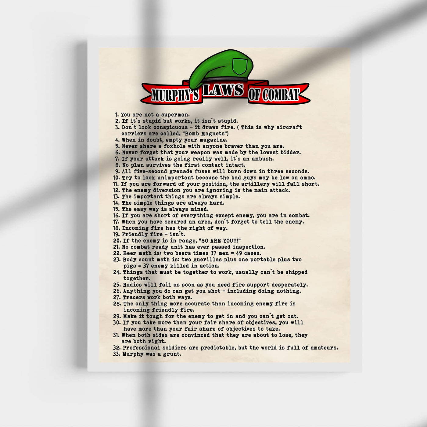 Murphy's Laws of Combat-Funny Military Wall Art Sign -11 x 14" Replica Distressed Patriotic Print-Ready to Frame. Home-Office-Military-Shop-Man Cave Decor. Perfect Gift for Veterans & All Soldiers!