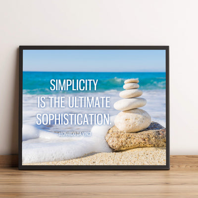 Leonardo Da Vinci Quotes-"Simplicity Is the Ultimate Sophistication"-Inspirational Wall Art -10 x 8" Beach Photo Print w/Stacked Stones Image-Ready to Frame. Home-Office-Studio-School-Library Decor.