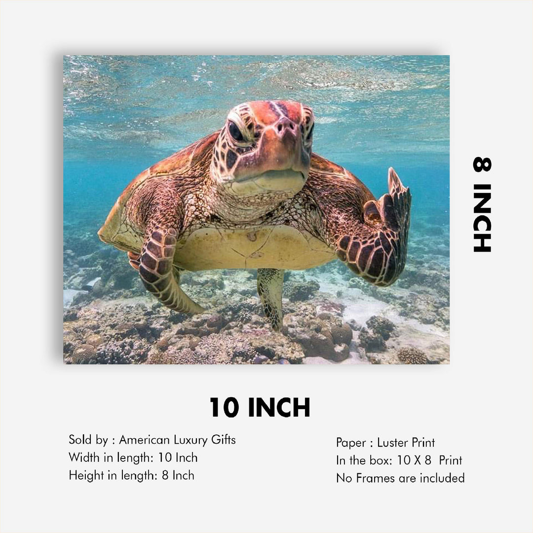 Sea Turtle Swimming In Ocean-Coral Reef -10x8" Colorful Marine Wall Art Print-Ready to Frame. Beach Decor for Home-Office-Studio-Beach House. Perfect for Coastal &amp; Nautical Themes! Great Gift!