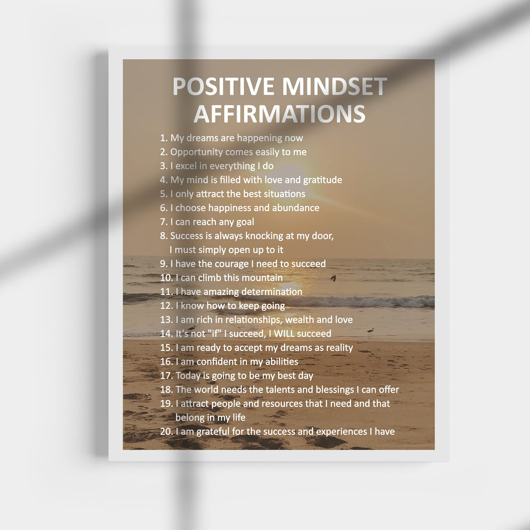 Positive Mindset Affirmations- Motivational Quotes Wall Art -11 x 14" Inspirational Beach Sunset Print Wall Decor -Ready to Frame. Wall Print for Home-Office-Ocean Themed-Zen-Meditation Decor.