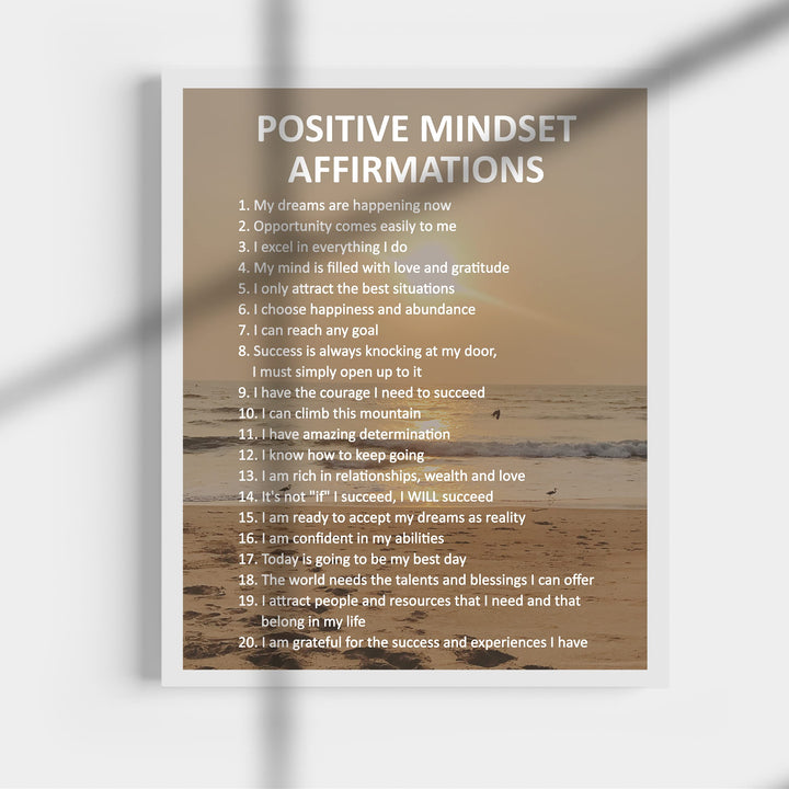 Positive Mindset Affirmations- Motivational Quotes Wall Art -11 x 14" Inspirational Beach Sunset Print Wall Decor -Ready to Frame. Wall Print for Home-Office-Ocean Themed-Zen-Meditation Decor.