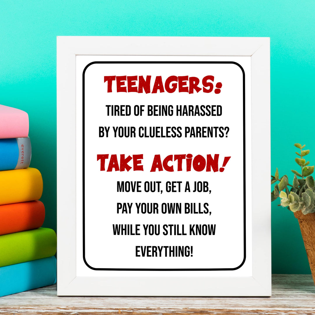 "Teenagers-Take Action, Get a Job" Funny Family Wall Sign -Sarcastic Art Print -Ready to Frame. Humorous Decoration for Home-Kids Bedroom-Teen Decor. Fun Gift -Accessories for Parents!