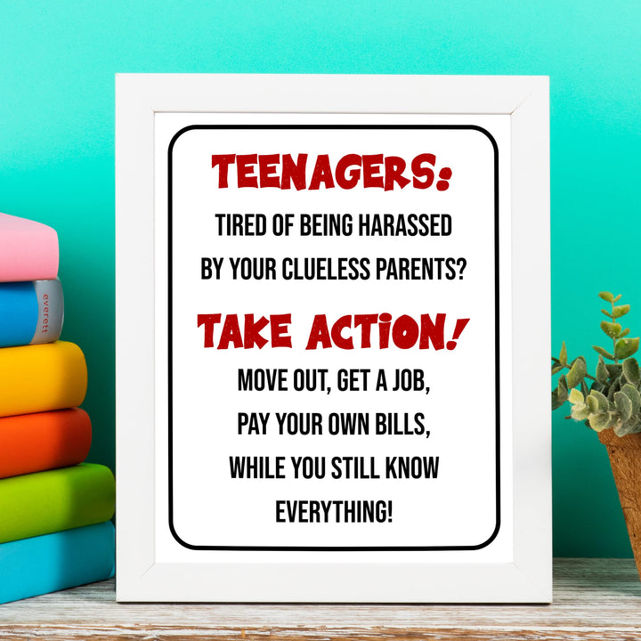"Teenagers-Take Action, Get a Job" Funny Family Wall Sign -Sarcastic Art Print -Ready to Frame. Humorous Decoration for Home-Kids Bedroom-Teen Decor. Fun Gift -Accessories for Parents!