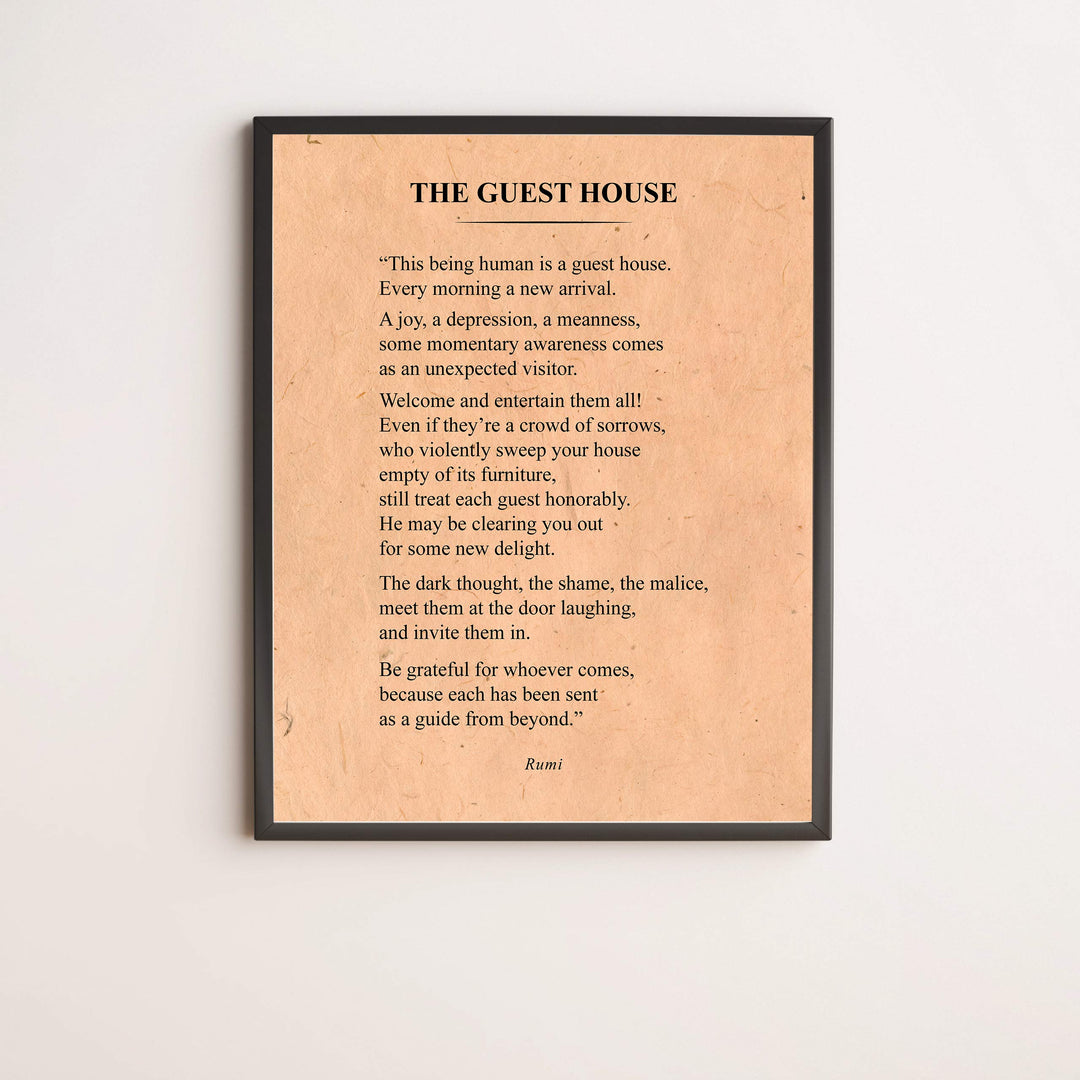 The Guest House-Be Grateful for Whoever Comes-Rumi Book Page Print-11 x 14" Literary Wall Art Quotes w/Replica Distressed Parchment Design-Ready To Frame. Inspirational Home-Office-Spiritual Decor!