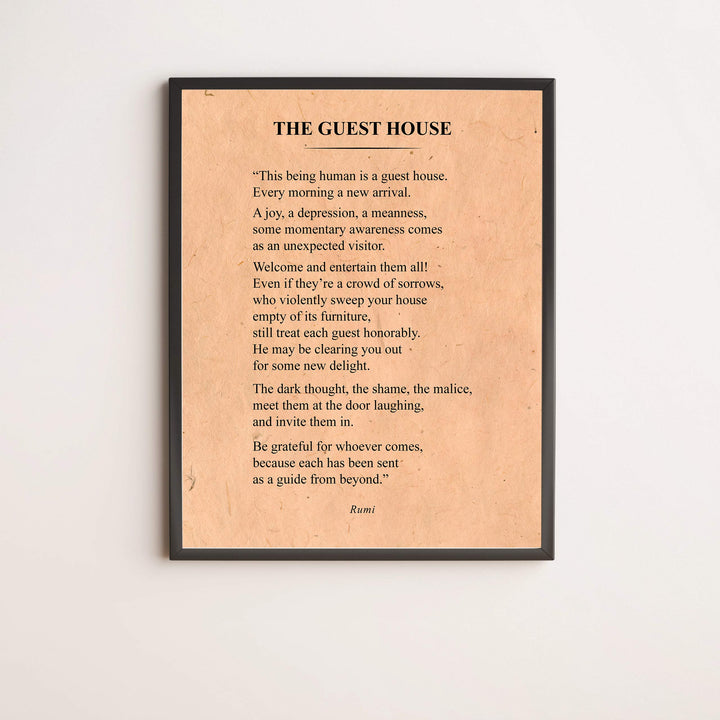 The Guest House-Be Grateful for Whoever Comes-Rumi Book Page Print-11 x 14" Literary Wall Art Quotes w/Replica Distressed Parchment Design-Ready To Frame. Inspirational Home-Office-Spiritual Decor!