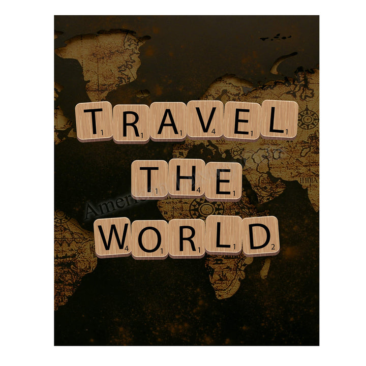 Travel the World Quotes-Map Print -11 x 14" Scrabble Piece Wall Art Print-Ready to Frame. Inspirational Home-Office-School-Library Decor. Funny Gift for Travelers &amp; Companions. Road Trip!