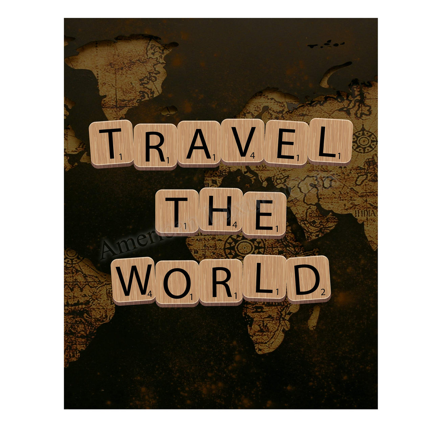 Travel the World Quotes-Map Print -11 x 14" Scrabble Piece Wall Art Print-Ready to Frame. Inspirational Home-Office-School-Library Decor. Funny Gift for Travelers & Companions. Road Trip!