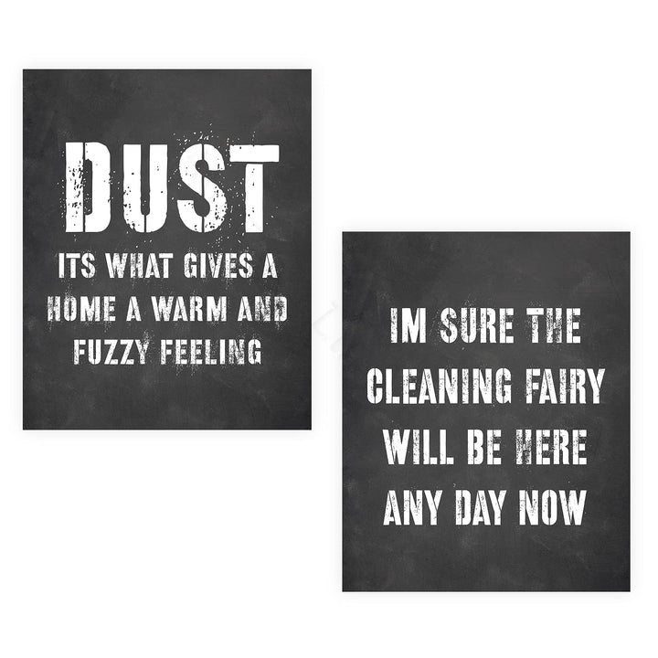 Cleaning Fairy -Set of (2)-8x10" Funny Wall Art Prints-"Dust-Gives Home Warm Fuzzy Feeling" Humorous House Cleaning Prints-Ready to Frame. Home-Office-Guest-Cabin Decor. Fun Housewarming Gift!