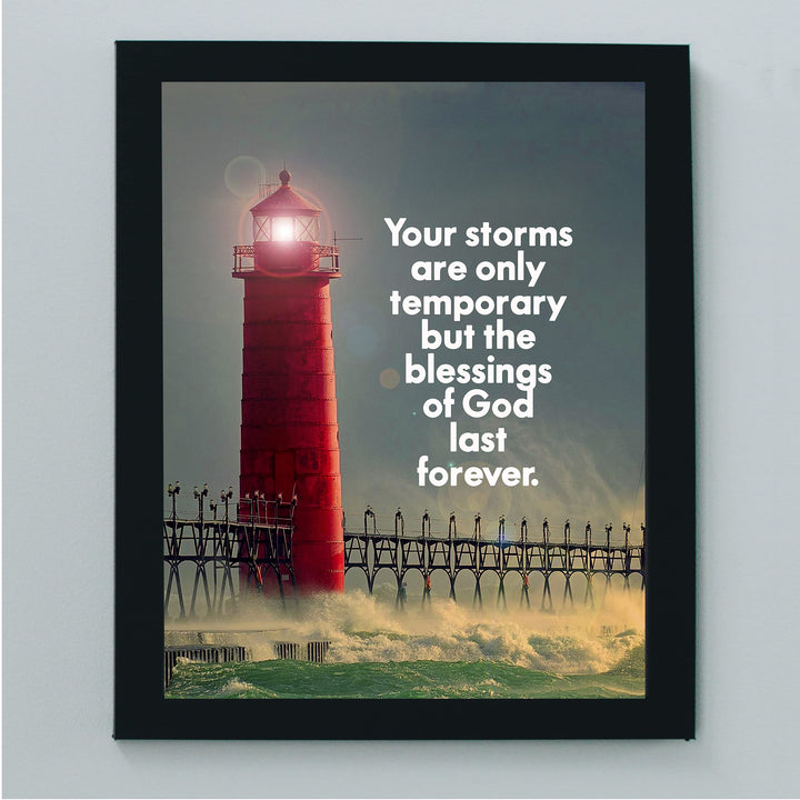 Storms Temporary-Blessings of God Last Forever Inspirational Quotes Wall Art-8x10" Christian Lighthouse Print-Ready to Frame. Nautical Home-Office-Church-Ocean Themed Decor. Great Gift of Faith!
