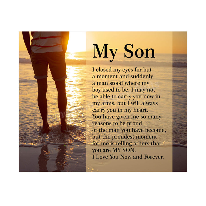 My Son-Love You Now &amp; Forever Inspirational Family Wall Art -10 x 8" Modern Typographic Beach Sunset Print-Ready to Frame. Loving, Heartfelt Message for All Sons. Great Wedding-Graduation Gift!