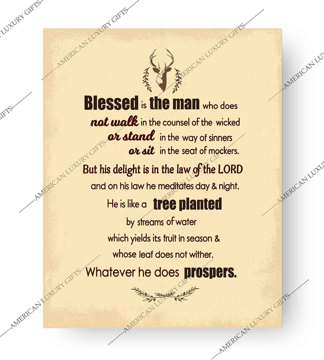 Psalm 1:1-3-"Blessed Is the Man-Whatever He Does Prospers"-Bible Verse Wall Art -8 x 10" Distressed Typographic Poster Print-Ready to Frame. Inspirational Christian Decor for Home-Office-Church.