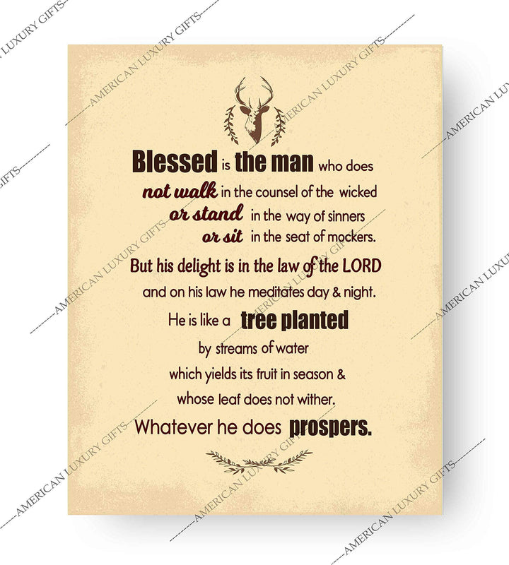 Psalm 1:1-3-"Blessed Is the Man-Whatever He Does Prospers"-Bible Verse Wall Art -8 x 10" Distressed Typographic Poster Print-Ready to Frame. Inspirational Christian Decor for Home-Office-Church.