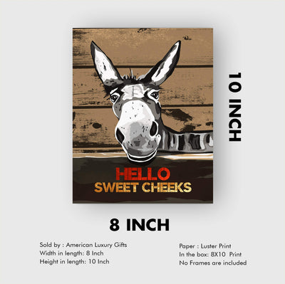 Hello Sweet Cheeks-Funny Bathroom Wall Sign -8 x 10" Country Rustic Donkey Art Print w/Replica Wood Design-Ready to Frame. Humorous Decor for Home-Office-Guest Bathroom! Printed on Photo Paper.