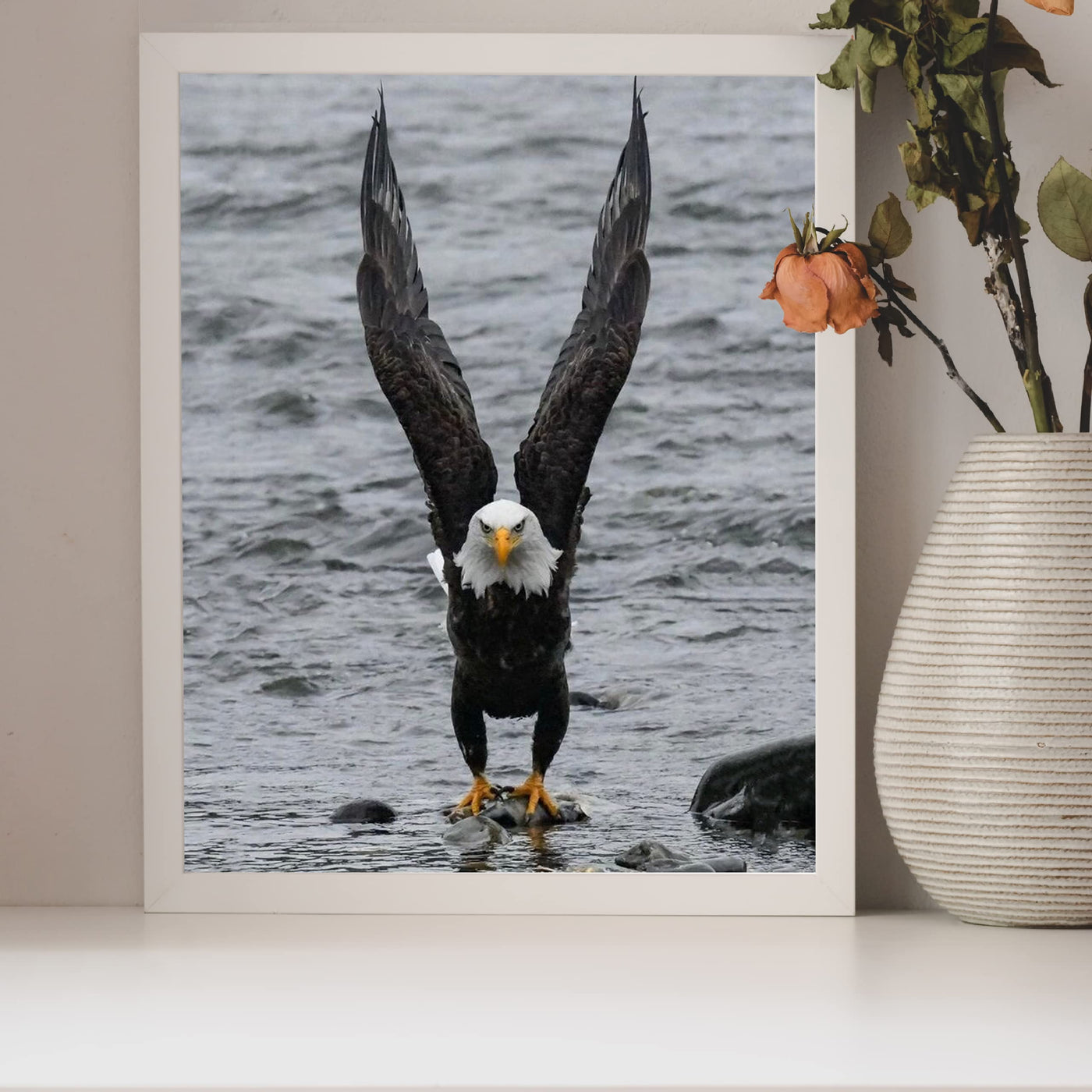 Fierce Bald Eagle at the Beach Motivational American Wall Art -8 x 10" Patriotic Eagle Photo Print-Ready to Frame. Inspirational Home-Office-School-Cave Decor. Great for Animal & Political Themes!