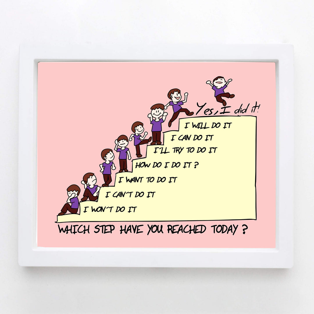Which Step Have You Reached Today Motivational Classroom Wall Decor -10 x 8" Typographic Cartoon Art Print-Ready to Frame. Inspirational Home-Office-Desk-School Decor. Great Gift for All Teachers!