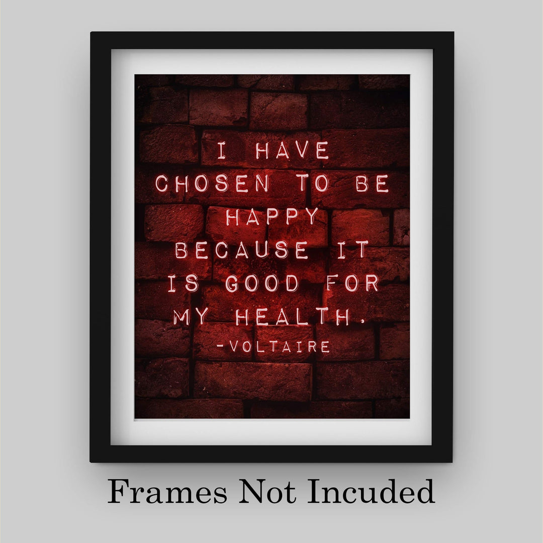Voltaire Quotes Wall Art-"I Have Chosen To Be Happy-Good For My Health"-8 x 10" Motivational Poster Print w/Replica Brick Design-Ready to Frame. Inspirational Home-Office-Church-School Decor.
