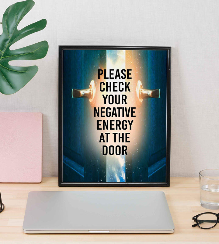 Check Negative Energy At Door Spiritual Quotes Wall Art- 8 x 10" Modern Typographic Wall Print with Open Door Image-Ready to Frame. Inspirational Life Quotes for Home-Studio-Office-Zen Decor!