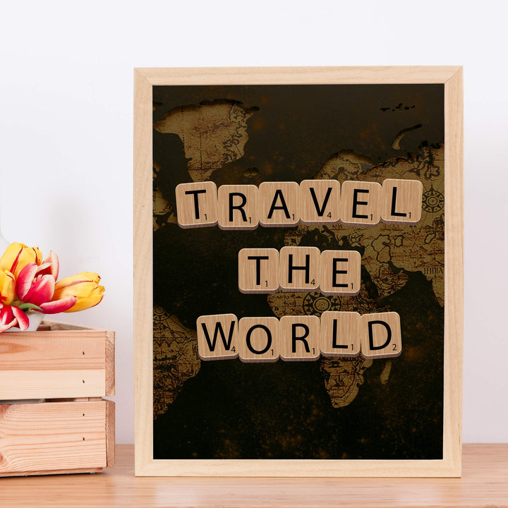 Travel the World Quotes-Map Print -11 x 14" Scrabble Piece Wall Art Print-Ready to Frame. Inspirational Home-Office-School-Library Decor. Funny Gift for Travelers &amp; Companions. Road Trip!
