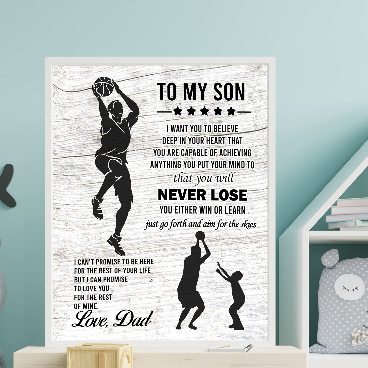 "To My Son -Never Lose- Win or Learn" Inspirational Family Wall Art Sign -11x14" Typographic Sports Poster Print -Ready to Frame. Loving Message for Any Son. Great Keepsake Gift Love Dad!