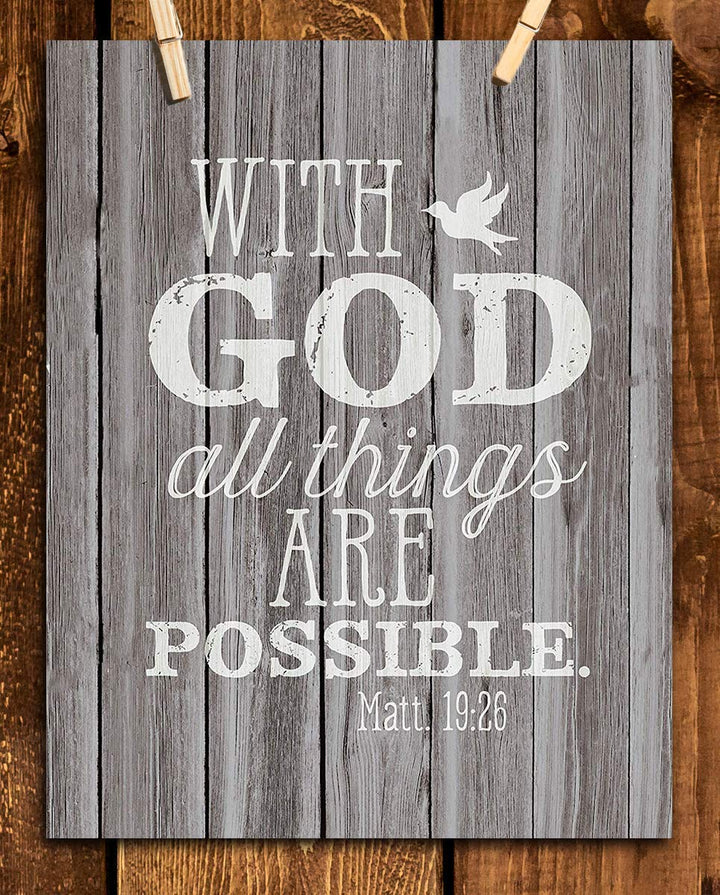 With God- All Things Are Possible- Matthew 19:26. Bible Verse Wall Art- 8x10 Rustic Wood Sign Image- Ready to Frame- Scripture Wall Decor-Home D?cor-Christian Gifts. Inspiring &amp; Encouraging Verse.