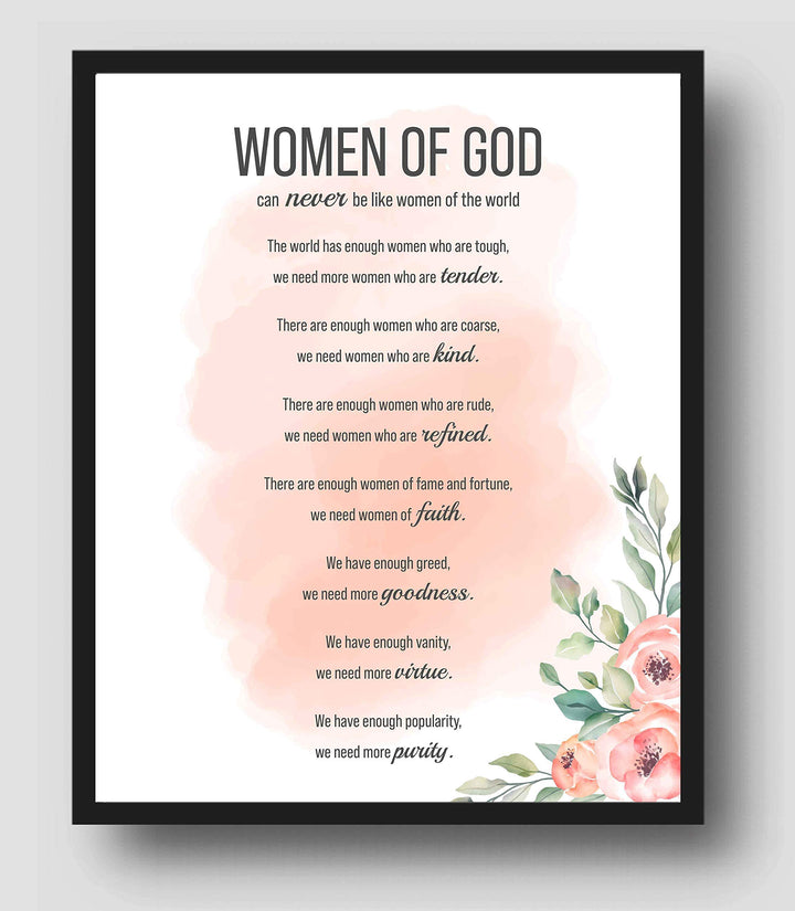 Women of God Inspirational Wall Art Sign -11 x 14" Modern Typographic Poster Print-Ready to Frame. Elegant Floral Design. Religious Home-Office-Church Decor. Perfect Christian Gift-Her Best Traits!