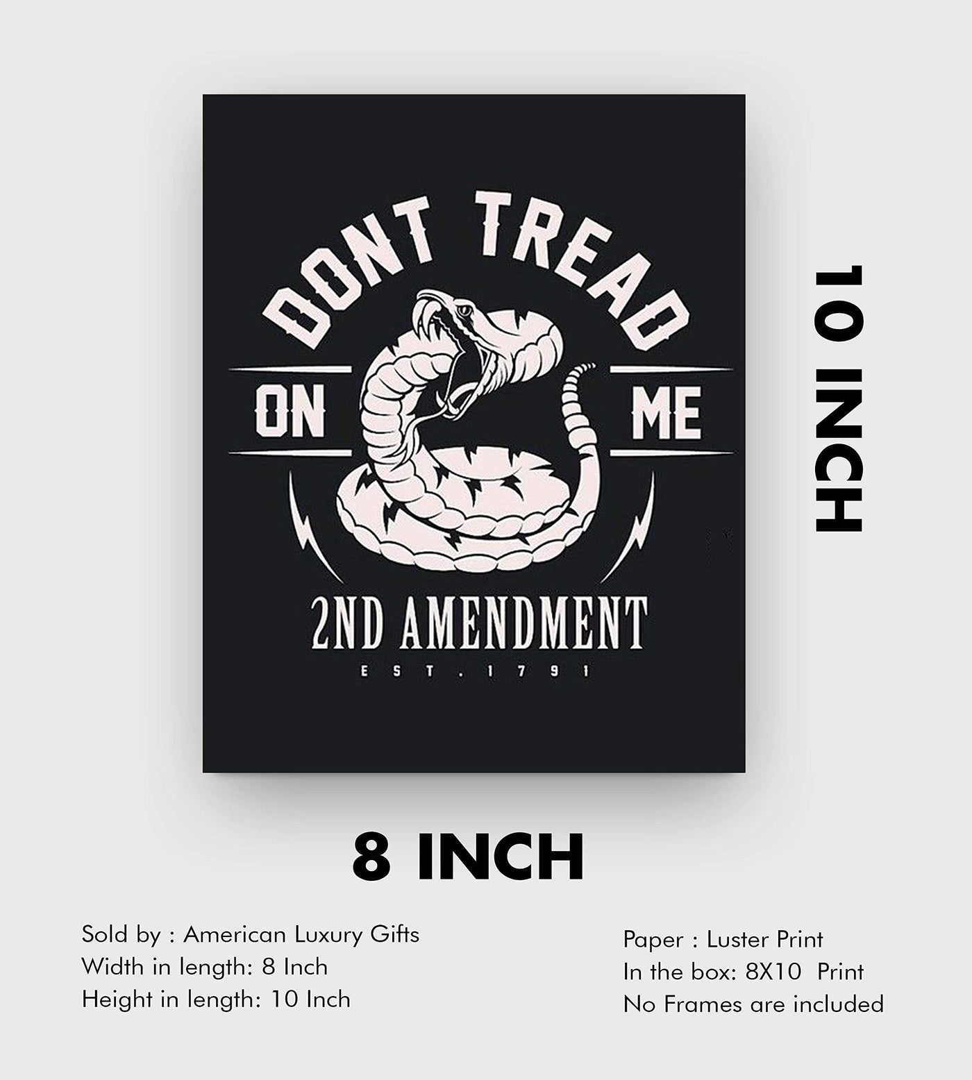 Don't Tread On Me-2nd Amendment est. 1791-8 x 10" Patriotic Wall Decor-Ready To Frame. Pro-Constitutional Poster Print. Modern Typographic Decor for Home-Office-Garage-Military-Gun Shop. Great Gift!