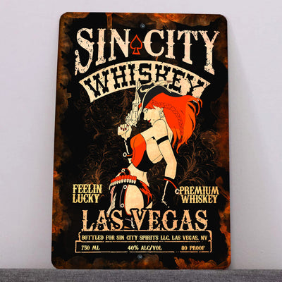 Sin City Whiskey Metal Wall Art Vintage Sign -8 x 12" Funny Retro Beer & Alcohol Pinup Sign for Bar, Man Cave, Garage, Pub. Rustic Tin Sign for Home-Patio-Beach House Decor! Great for Vegas Fans!