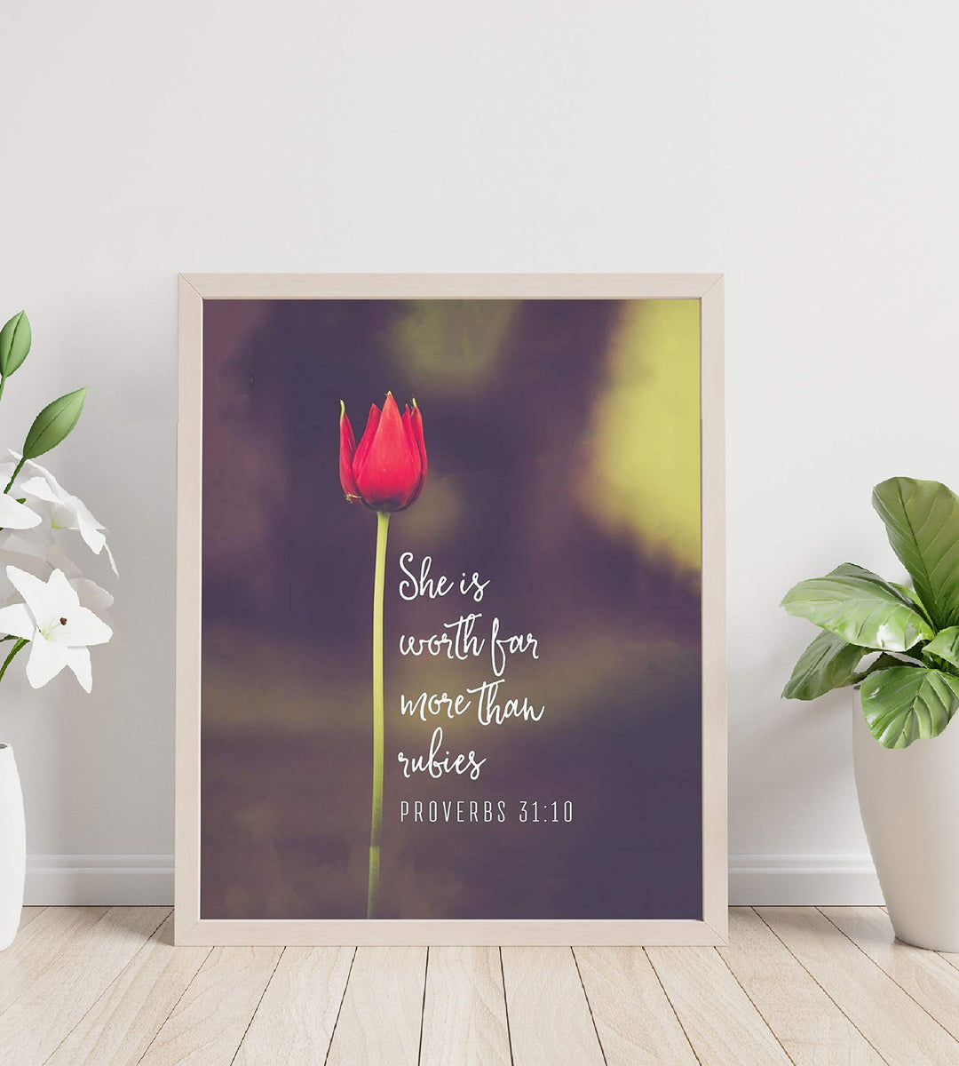 She Is Worth More Than Rubies- Proverbs 31:10 Bible Verse Wall Art- 8x10-Scripture Wall Print-Ready to Frame. Inspirational Home-Office-Church Decor. Perfect Christian Gift For That Special Woman.