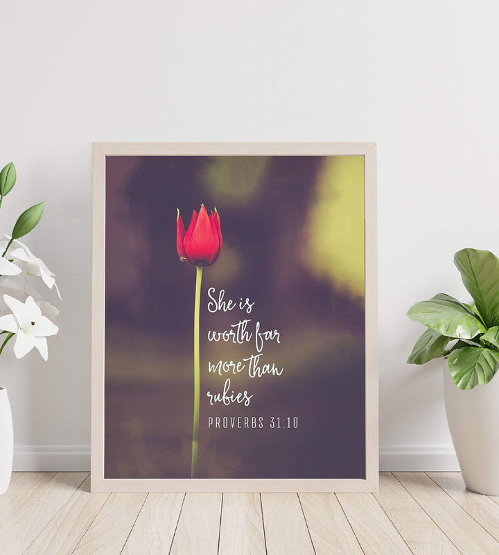 She Is Worth More Than Rubies- Proverbs 31:10 Bible Verse Wall Art- 8x10-Scripture Wall Print-Ready to Frame. Inspirational Home-Office-Church Decor. Perfect Christian Gift For That Special Woman.