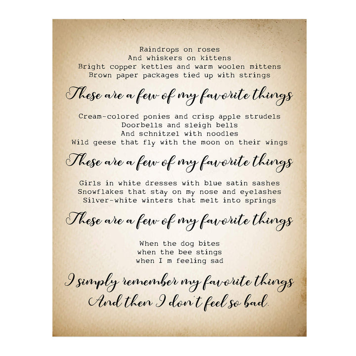 These Are a Few of My Favorite Things-Song Lyric Wall Art Sign-11 x 14" Typographic Musical Poster Print-Ready to Frame. Ideal for Home-Office-Studio-School. Perfect Nursery-Kids Bedroom Decor!