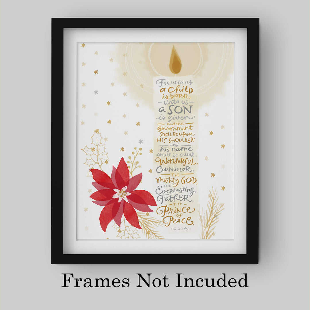 ?For Unto Us a Child Is Born-The Prince of Peace? -Isaiah 9:6 -Bible Verse Wall Art-8 x 10" -Typographic Candle Design w/Poinsettia-Ready to Frame. Scripture Print Ideal for Home-Office-Church D?cor.
